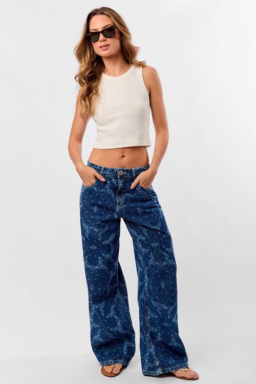 Calça Jeans Wide Leg Estampada Azul Jeans