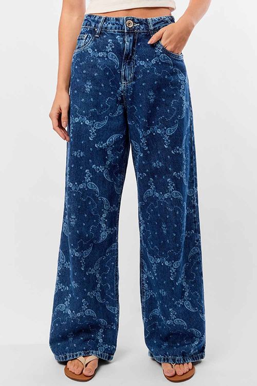 Calça Jeans Wide Leg Estampada Azul Jeans