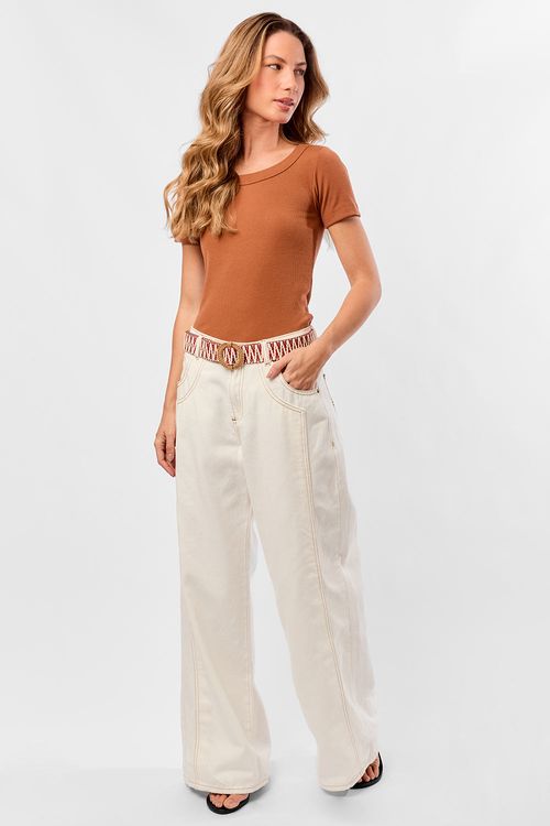 Blusa Básica Canelada Decote Redondo Marrom