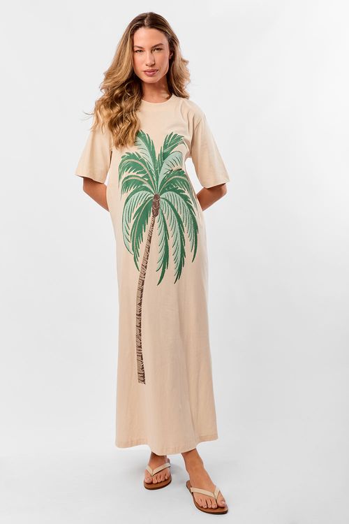 Vestido Midi Estampado Coqueiro Khaki