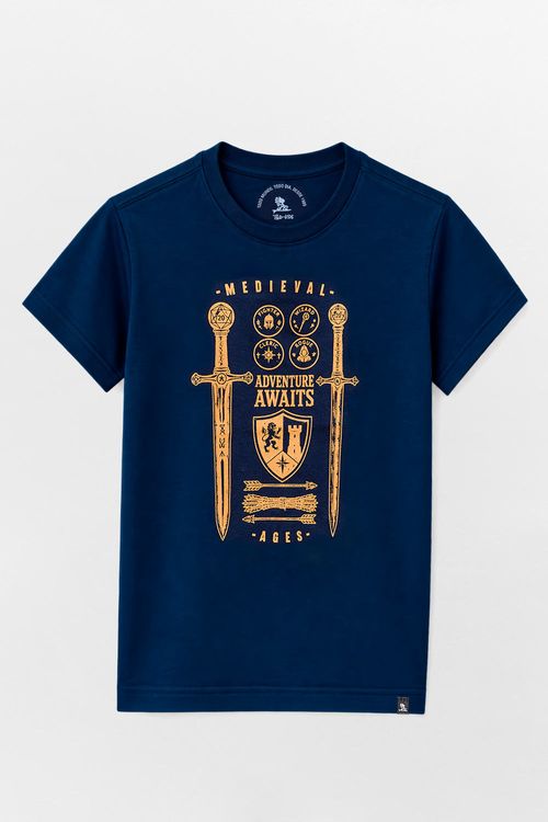 T-Shirt Infantil Estampada Medieval Azul Marinho