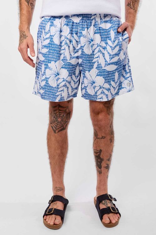 Short Estampado Hibisco Azul Jeans