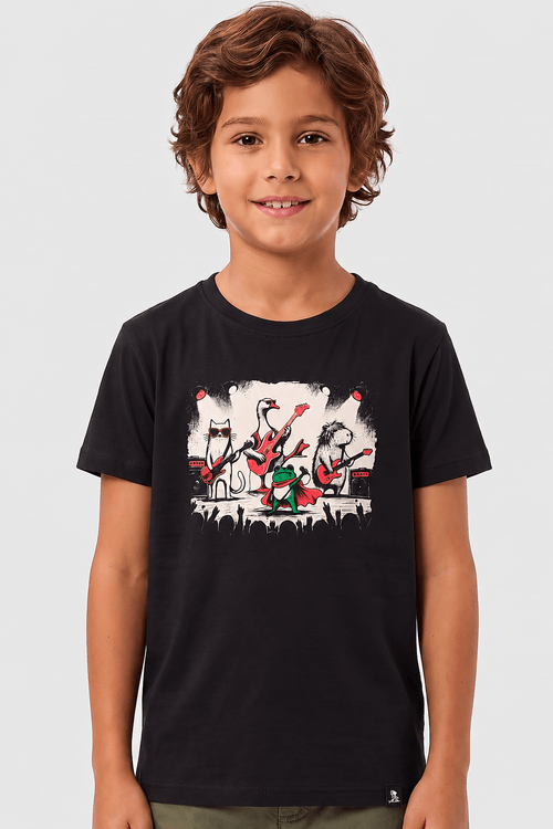 T-Shirt Infantil Estampada Rock Animal Preta