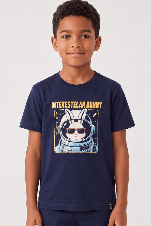 T-Shirt Infantil Estampada Interestelar Azul Marinho