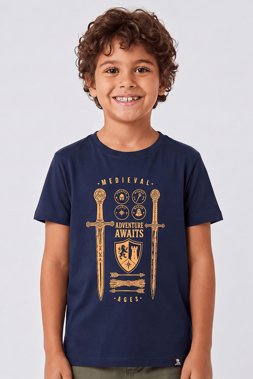 T-Shirt Infantil Estampada Medieval Azul Marinho